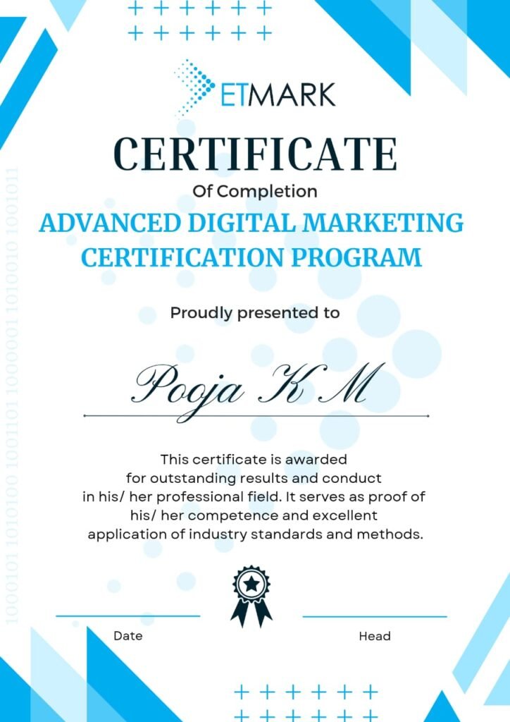 Digital Marketing Course in Mysore - Etmark Academy certificate